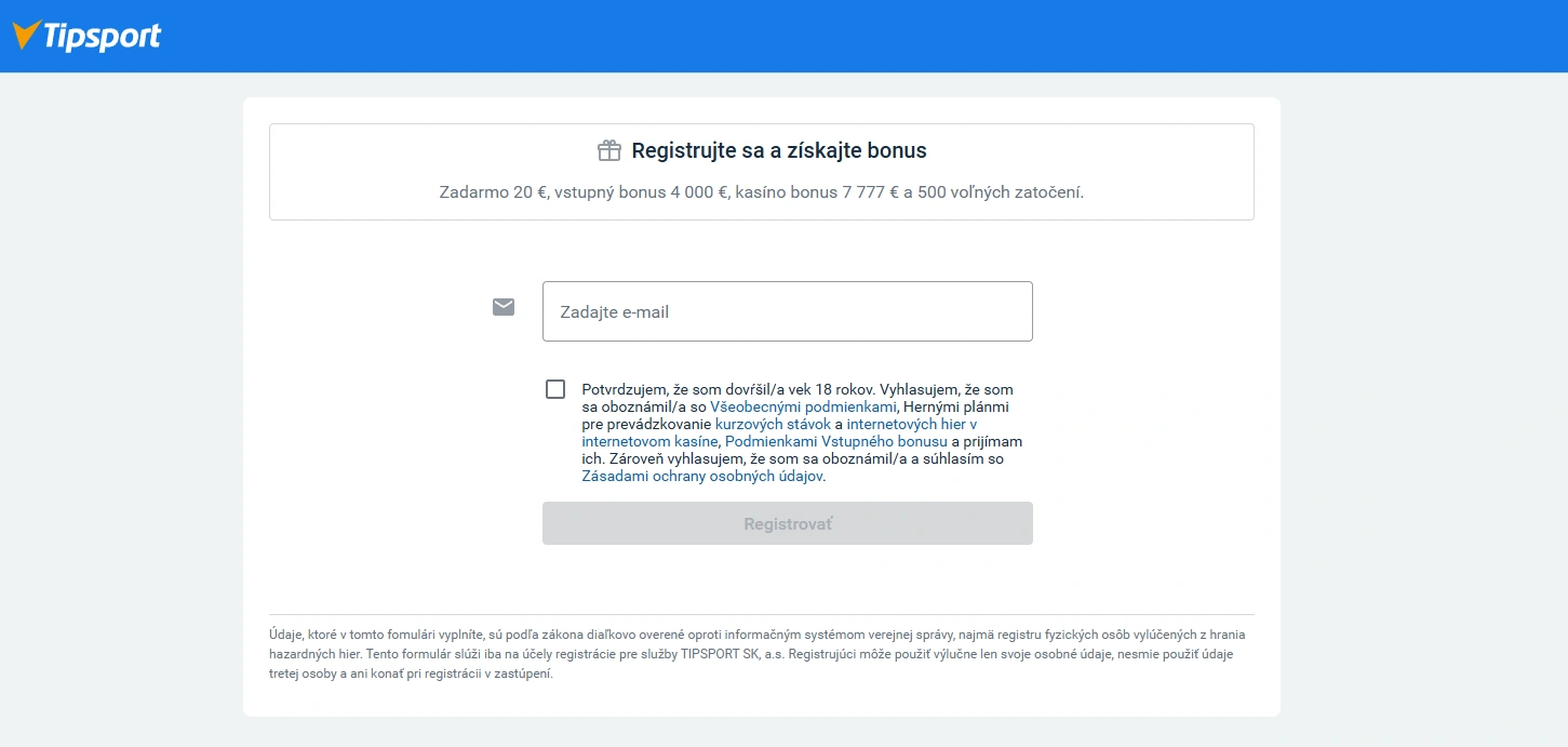 Registračn&yacute; formul&aacute;r Tipsport s potvrden&iacute;m veku 18 rokov